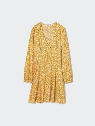 Minivestido de mujer con estampado, cuello en V y camisas de manga larga