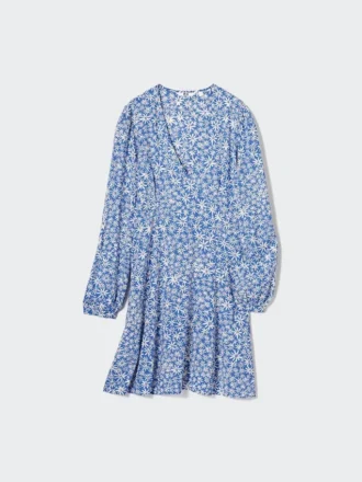 Minivestido de mujer con estampado, cuello en V y camisas de manga larga