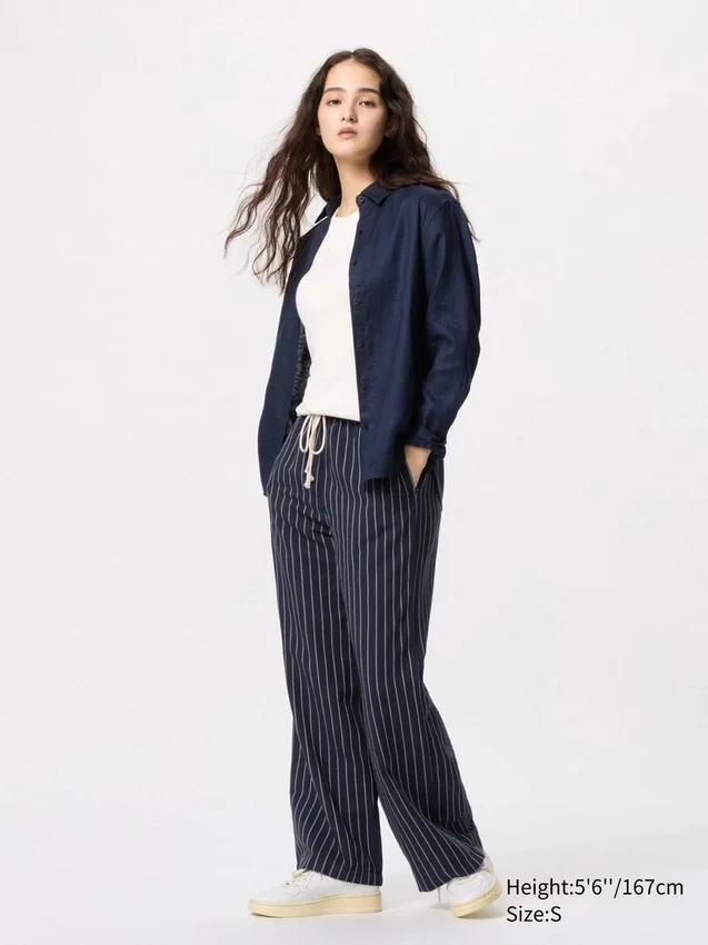 Pantalones cómodos de mezcla de lino para mujer | A rayas Pantalones cómodos de mezcla de lino para mujer | A rayas