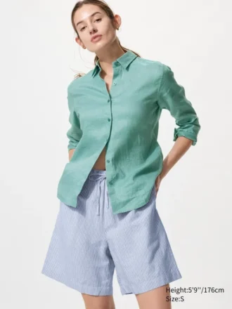 Pantalones cortos fáciles de llevar de mezcla de lino para mujer | Rayas