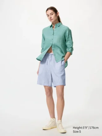 Pantalones cortos fáciles de llevar de mezcla de lino para mujer | Rayas
