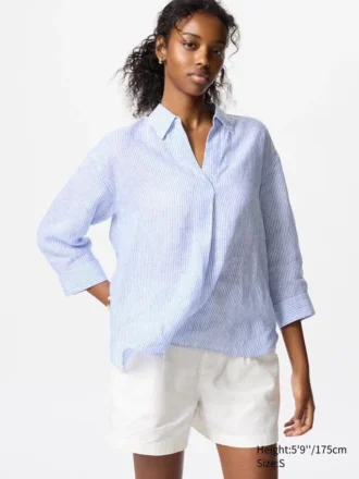 Premium Linen camisa con cuello barco para mujer | A rayas