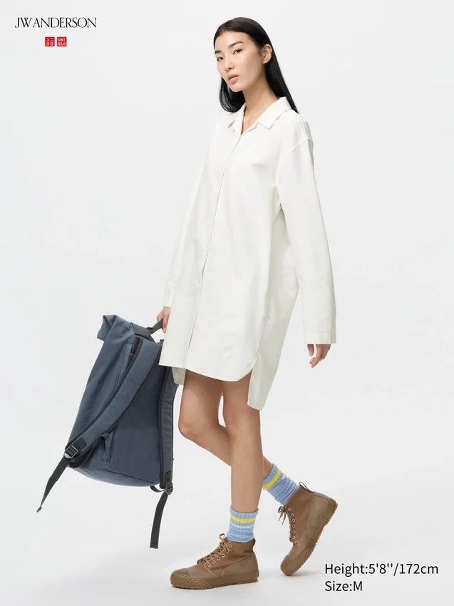 Vestido camisero Oxford de cuello abierto para mujer Vestido camisero Oxford de cuello abierto para mujer