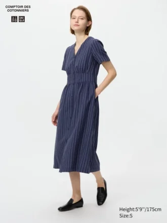 Vestido de mujer con cuello en V de mezcla de lino | A rayas
